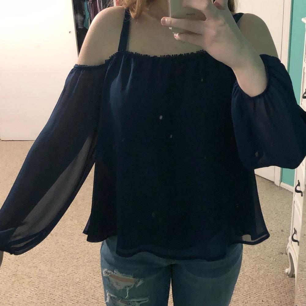 Dark blue flowy off the shoulder blouse